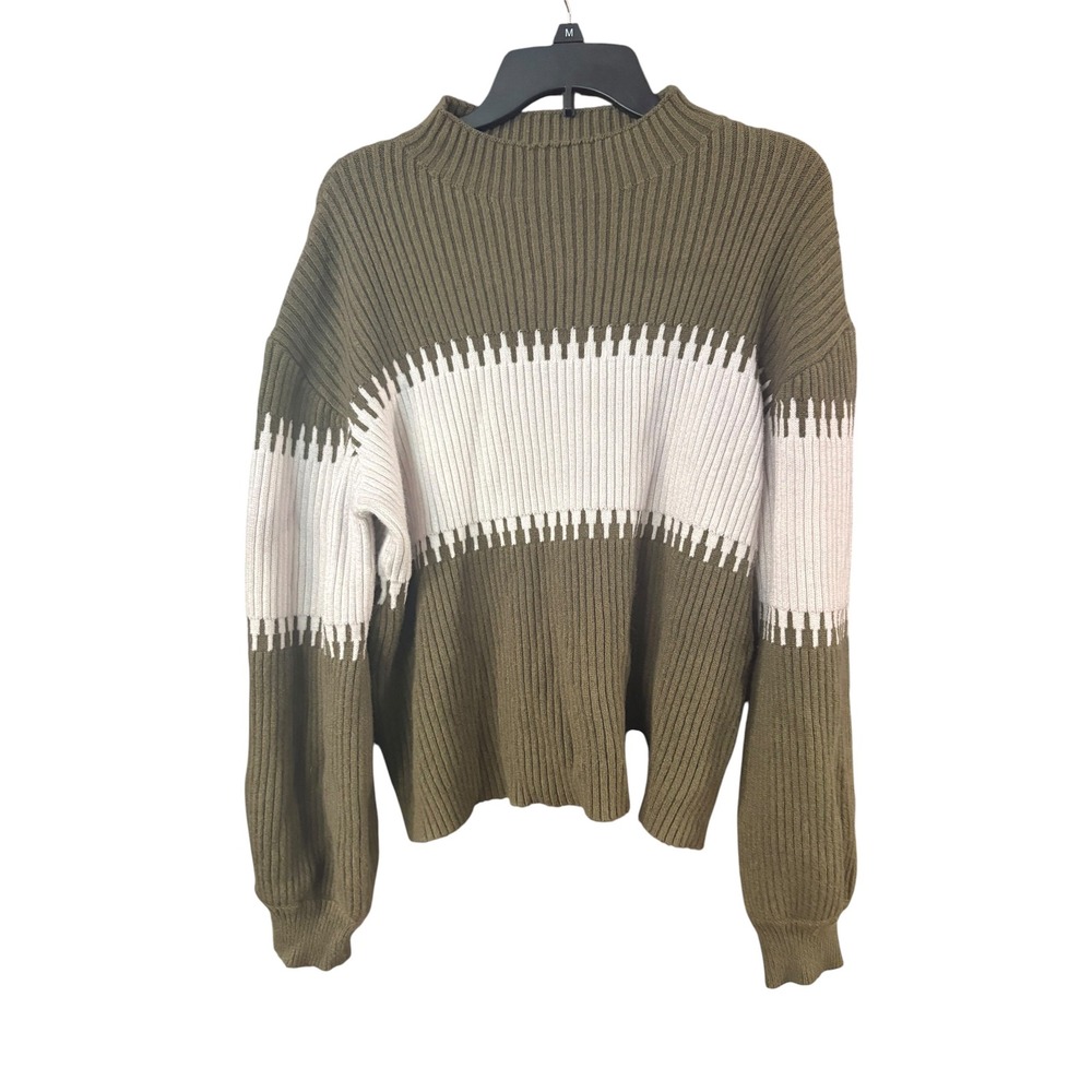 Olive Green White Colorblock Ribbed Mock Neck Sweater Pullover‎ Dropped Shoulder